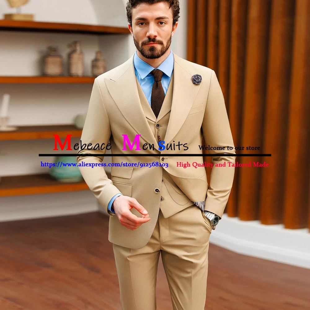 Beige Slim Mens Suit 3 Pieces (Jacket+Vest+Pants) Classic Groom's Wedding Suit Fashion Male Blazer Sets Man Business Party Suits