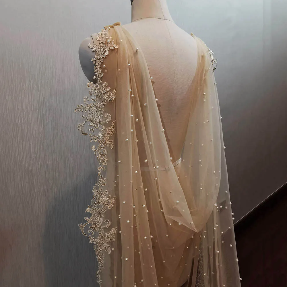 Champagner-Perlen-Hochzeitsbolero, 2 Meter lang, Spitze, Brautumhang, wunderschöne Hochzeit, Schulterschleier, Brautaccessoires