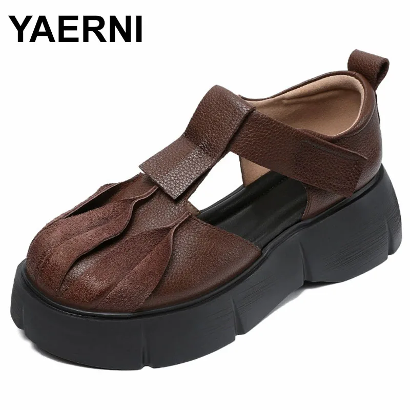 

Сандалии на толстой подошве в стиле ретро, новые летние удобные универсальные женские туфли из натуральной кожи с круглым носком на платформе