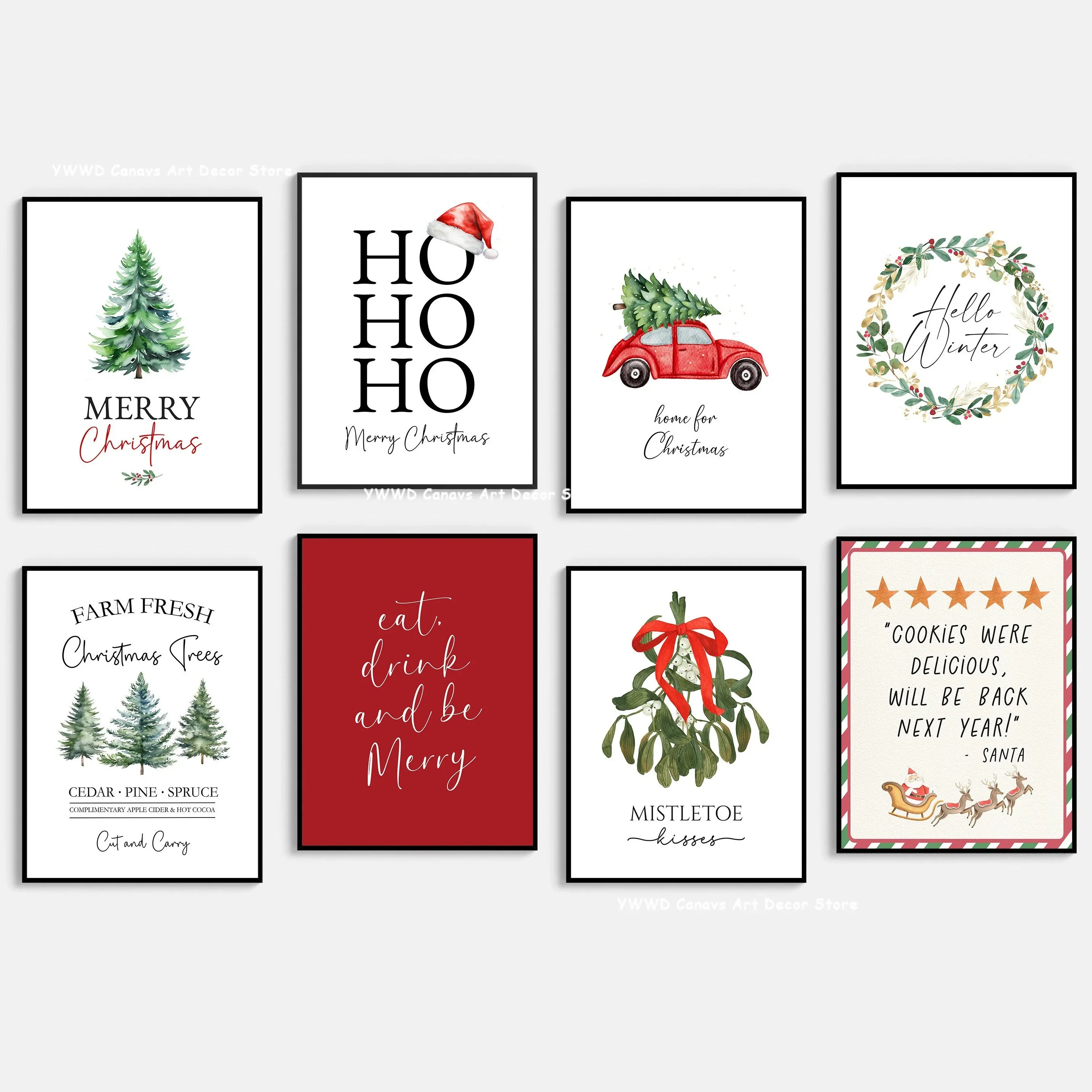 Multiple sizes 1pc frameless Canvas Painting,Santa Claus Drinking Wine & Christmas Tree Canvas Printing Merry Christmas Wreath K