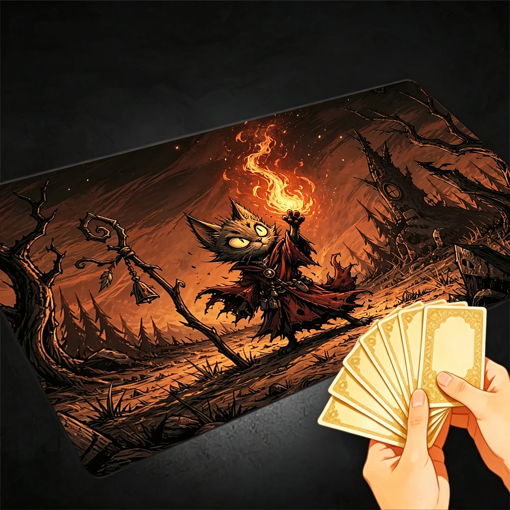 Desert Cat Warlock TCG Playmat Magic Playmat Gathering Gaming Mat with Stitched Edge Anti-slip base 60X35cm Trading Card Game