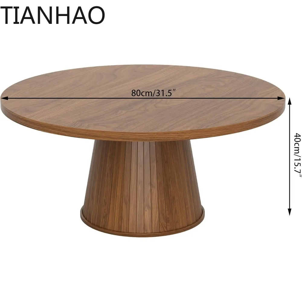 Fluted Round Coffee Table, Mid Century Modern Coffee Table, Small Walnut Circle Center Table, Brown, Farmhouse Wood, for Living