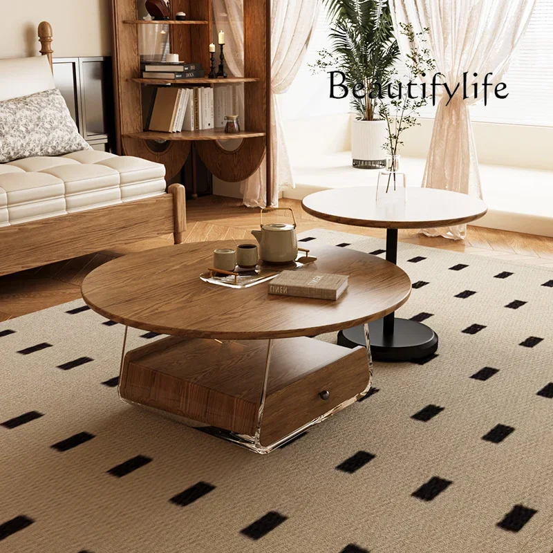 

Retro round solid wood coffee table size combination new acrylic small apartment coffee table living room household tea table