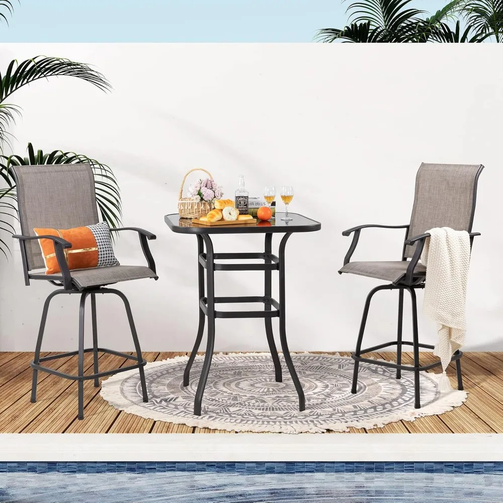 Patio Swivel Bar Set, All Weather Textile Fabric Outdoor High Stool Bistro Set with 2 Bar Chairs and Glass Table