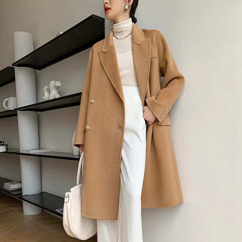 

Hot Selling Autumn And Winter New 100 Cashmere Coat Women's Double Breasted Long Thick Warm Wool Coat