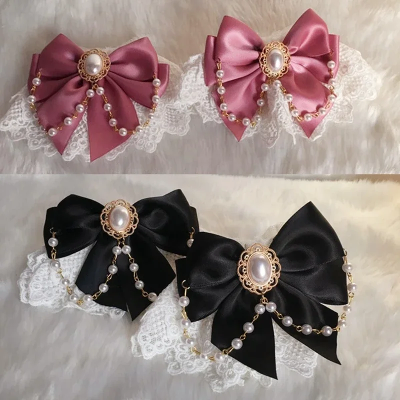 Sweet Hand Wrist Cuffs Double Layer Floral Lace Bow Bracelet Wristband Imitation Pearl Chain Maid Cosplay Sleeves
