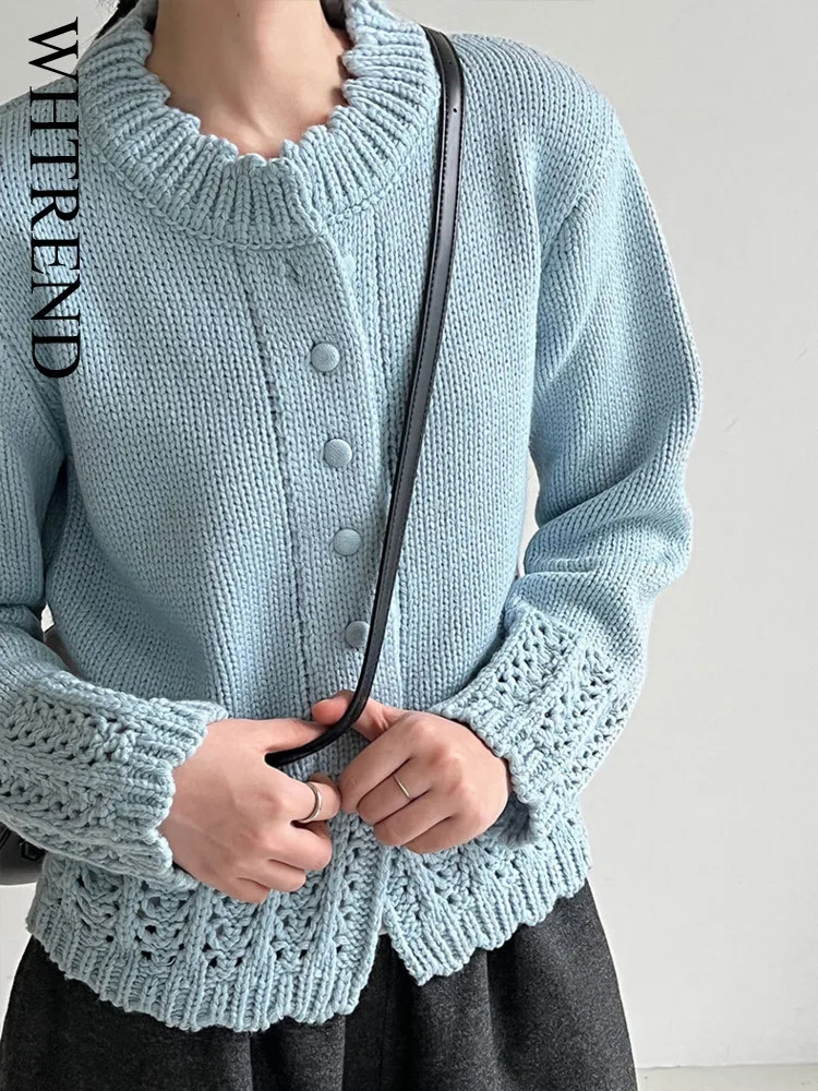 WHTREND Aushöhlen Pullover Spitze Gestrickte Rundhals Einfarbig Einreiher Strickjacke Herbst Winter Neue Abnehmen Top WH1795