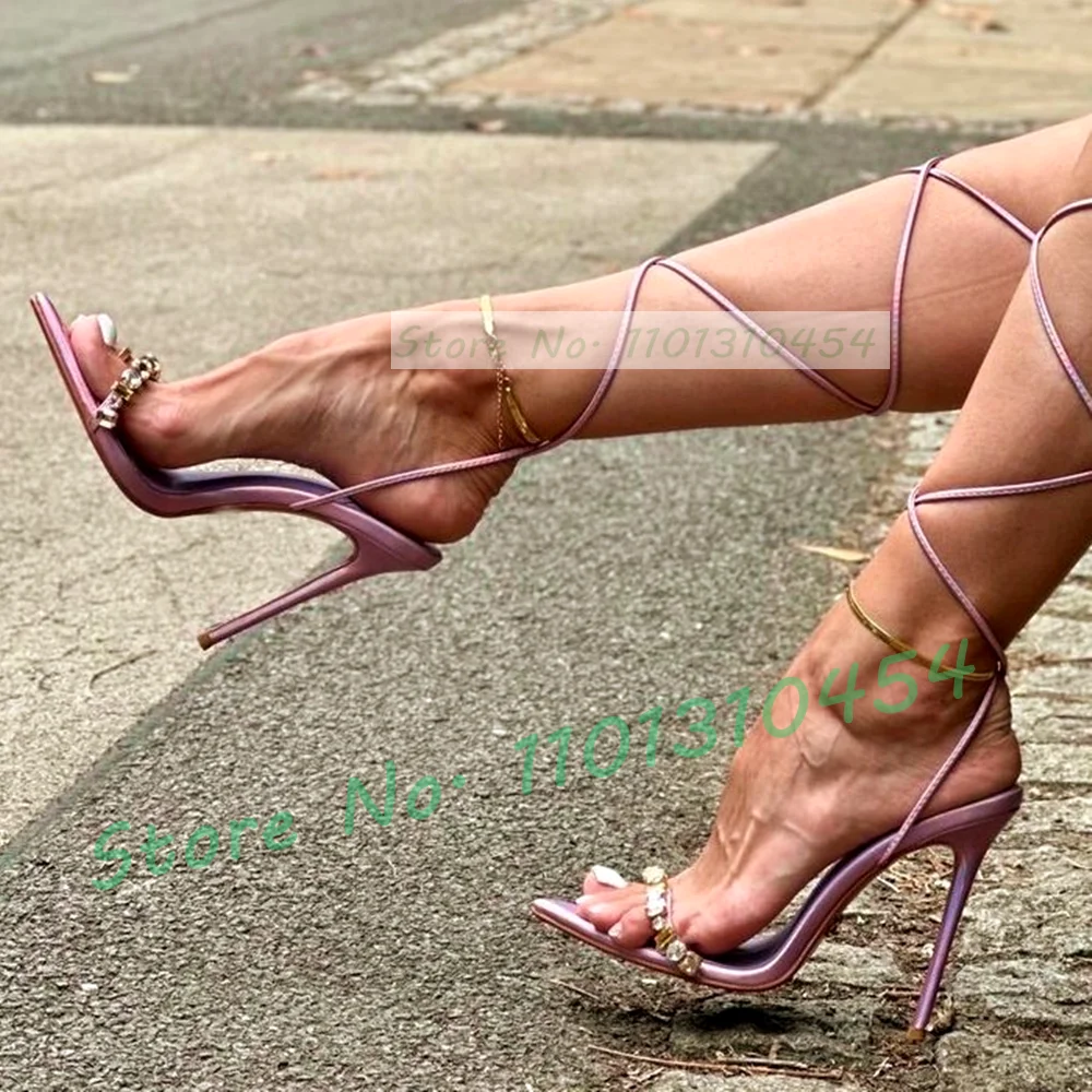 Luxury Crystal Strap Pointy Toe Sandals Women Classy Lace Up Sexy Stiletto High Heels Sandals Lady Metallic Leather Party Shoes