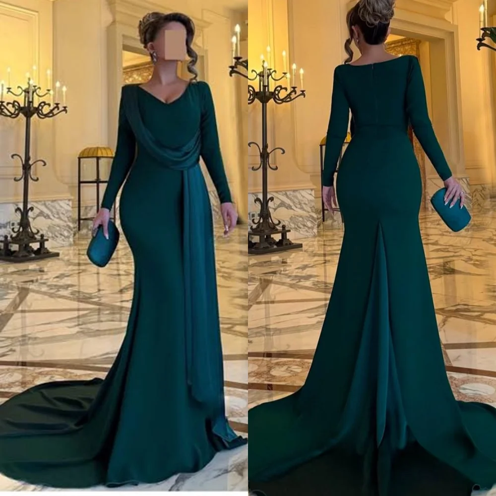 

Customized Delicate Dark Green Jersey Evening Dress Exquisite V-Neck Long Sleeves Zipper Back Mermaid Special Occasion Gowns