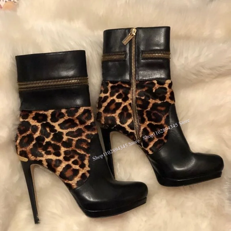 

Black Leopard Patchwork Zipper Boots Thin High Heel Round Toe Fashionable Sexy Cool Western Winter Woman Shoes Zapatilla Mujer