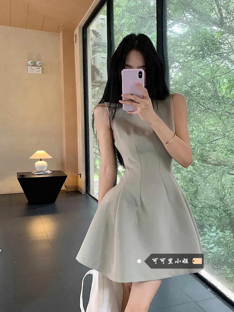 French sle Green Sleeveless Vest Dress Women Summer Elegant Thin Material Suit Skirt Waist Hugging Slimming A- line Skirt S...