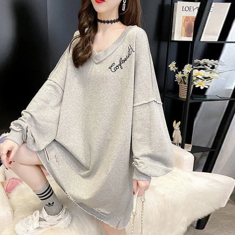 Autumn V Neck Hole Letters Oversized Streetwear Cotton Female Sweatshirt Casual Loose Long Sleeve Pullovers Tops Women Clothing