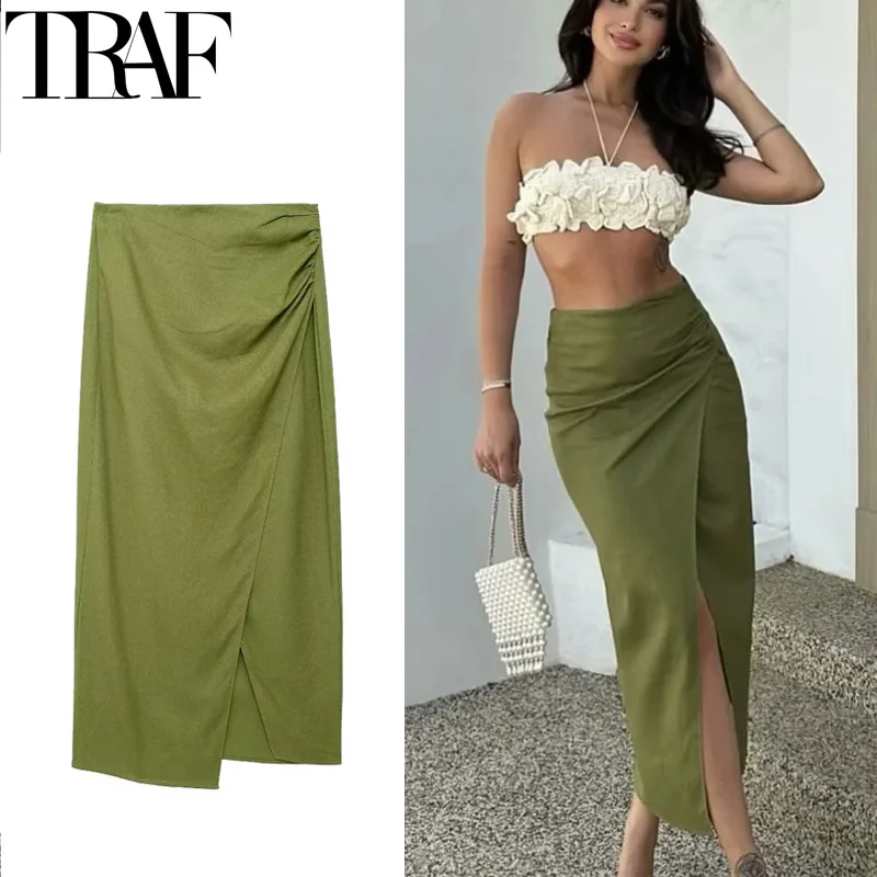 

TRAF 2024 Asymmetric Slit Long Skirts For Women Ruched High Waist Midi Skirt Summer Linen Skirt Streetwear Elegant Pencil Skirt