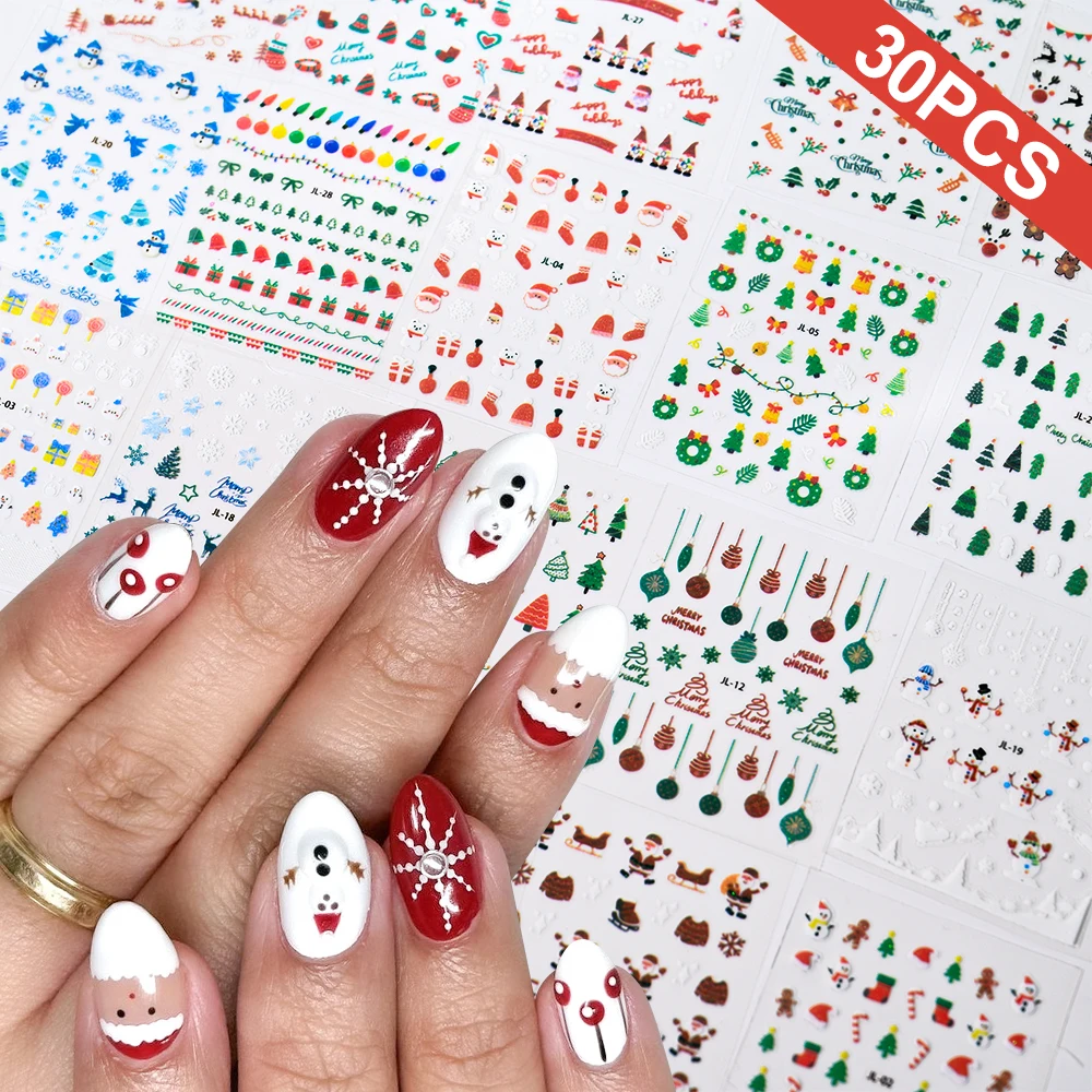 30/15pcs Christmas Nail Art Stickers Cute Elk Snowman Snowflake SnowMan Christmas tree Nail Decals Xmas Adhesive Manicure Slider