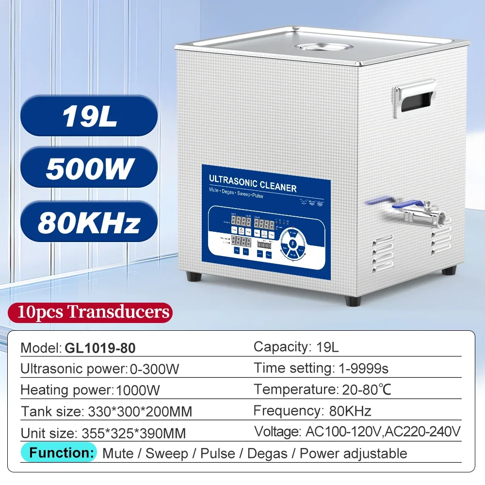 High Performance 19L 500W Ultrasonic Cleaner with Multi-Frequency 40/68/80/120KHz for Versatile Efficient Cleaning