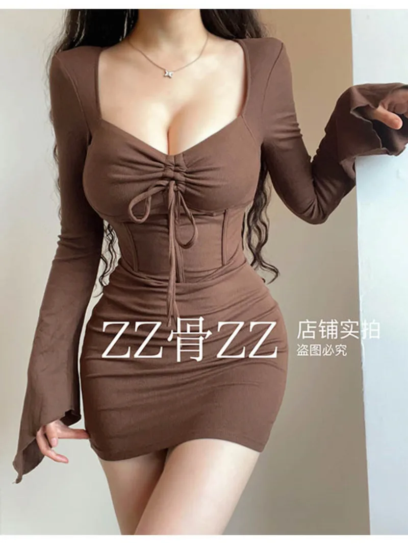 Street Spicy Girl Sweet Cool Style V-neck Strap Horn Sleeve Wrap Hip Sexy Long Sleeve Dress Elegant Sweet Women Tops W7ZW