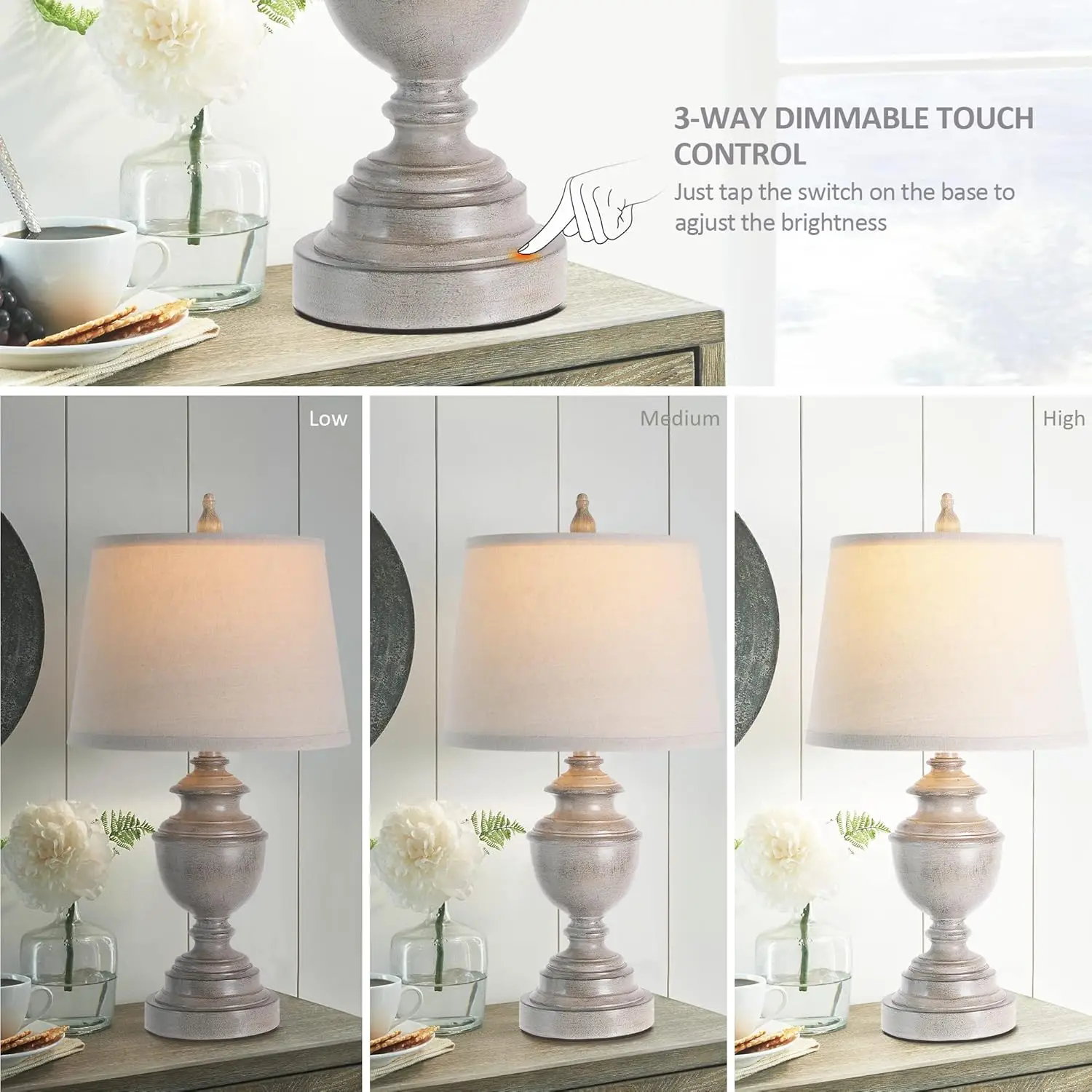 USB 포트가 있는 회색 빈티지 테이블 램프 2개 세트, 침실 침대 옆 탁자용 조광 가능 터치 컨트롤, 농가 스타일
