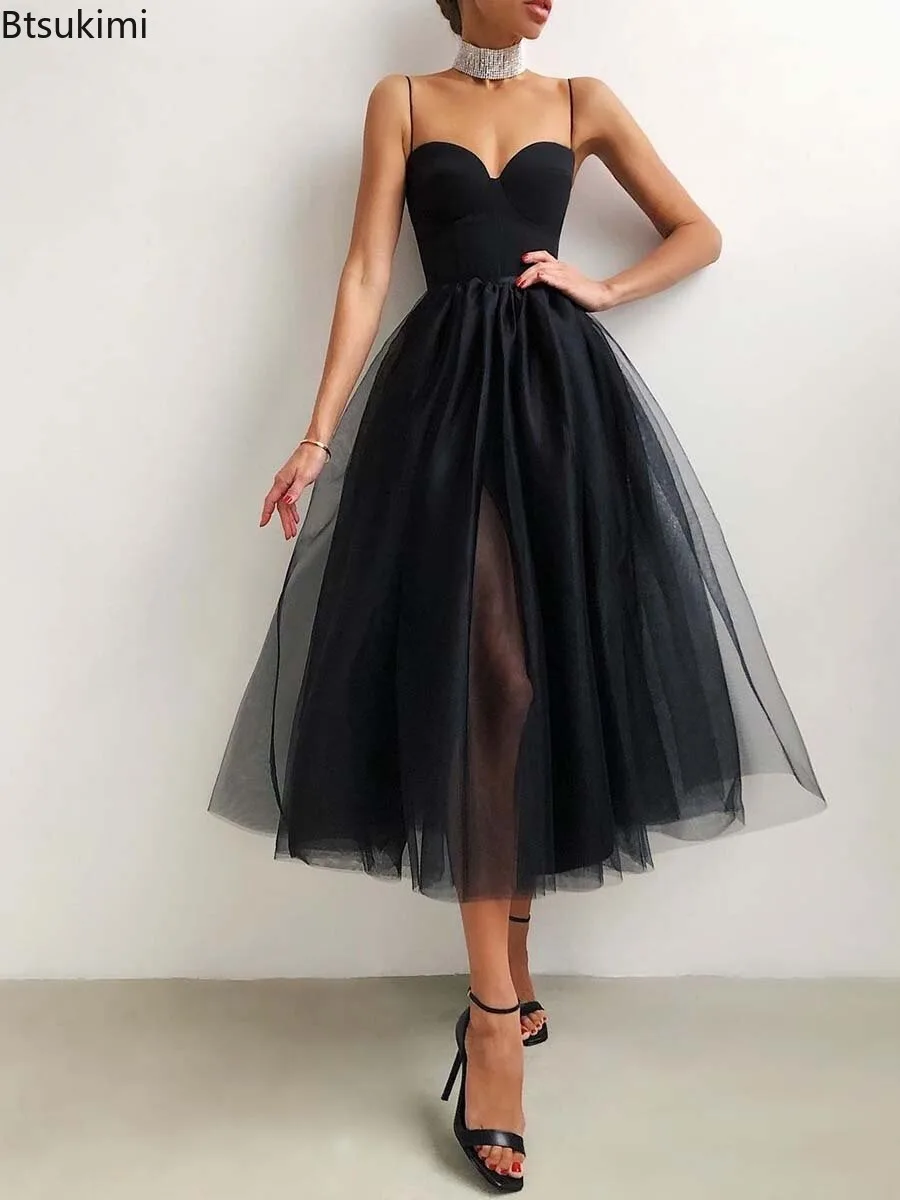 New Women's Cocktail Party Dresses Sexy Solid Spaghetti Strapless Tulle Tutu Dress Elegant Side Slit Fashion Mesh A-Line Vestido