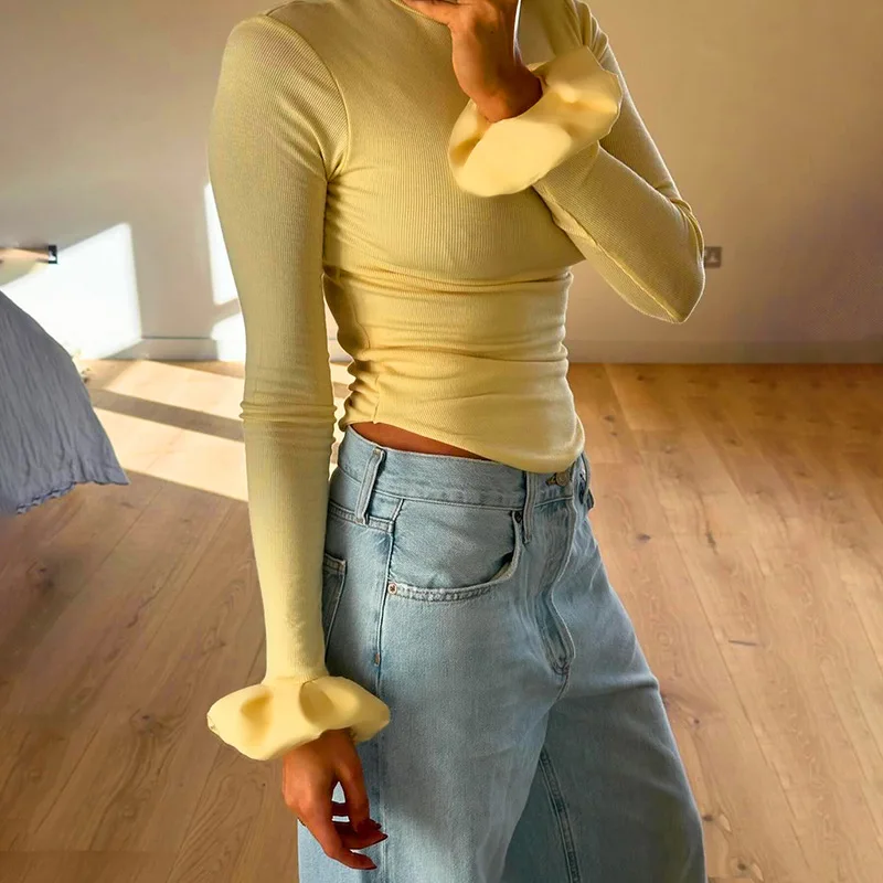 

Women's Solid Color High Neck Lace Long U-shaped Bottom Elegant Short Top