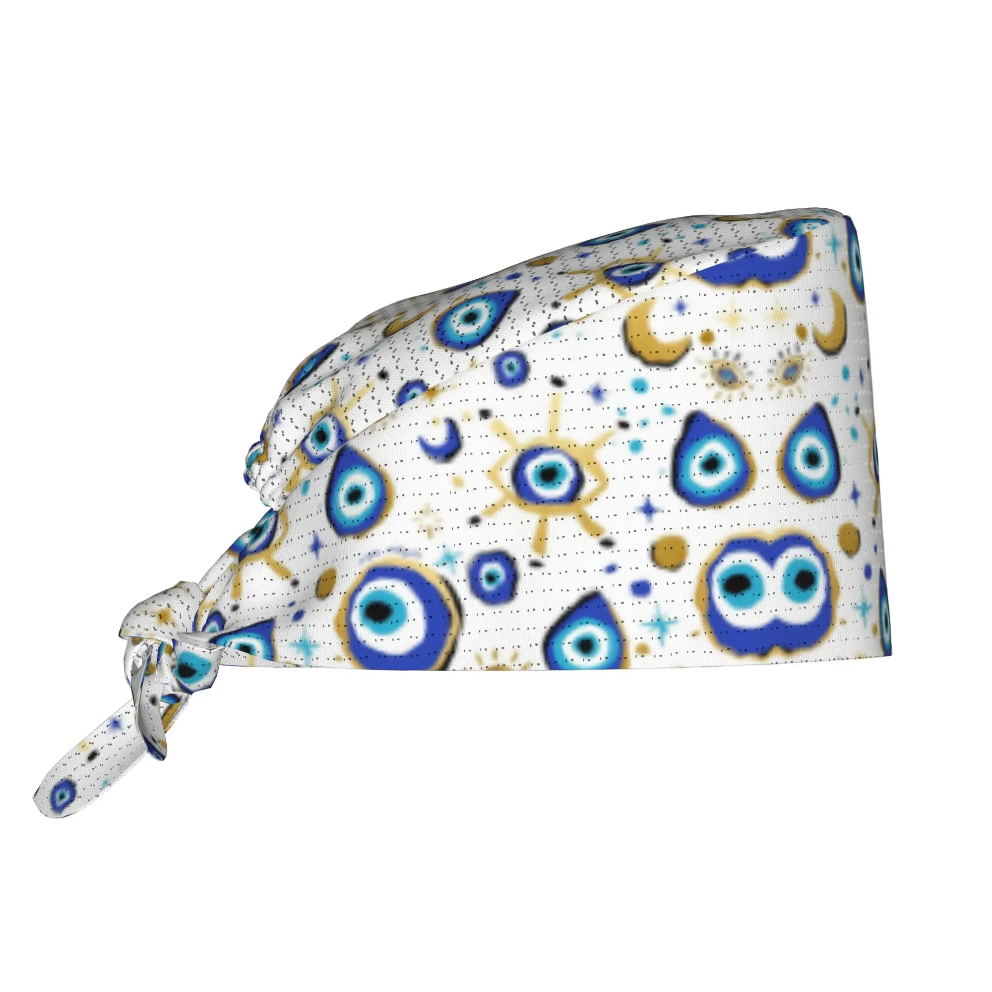 Mediterranean Blue And Gold Evil Eye Breathable Surgical Scrub Caps Nurse Medical Cap Amulet Boho Work Scrubs Hat for Hospital