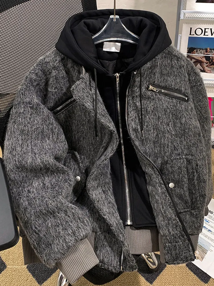 

Men's American Style Faux Two-Piece Wool Blend Jacket Fall Winter Warm Hooded Outerwear Zipper Spring Chic Coat