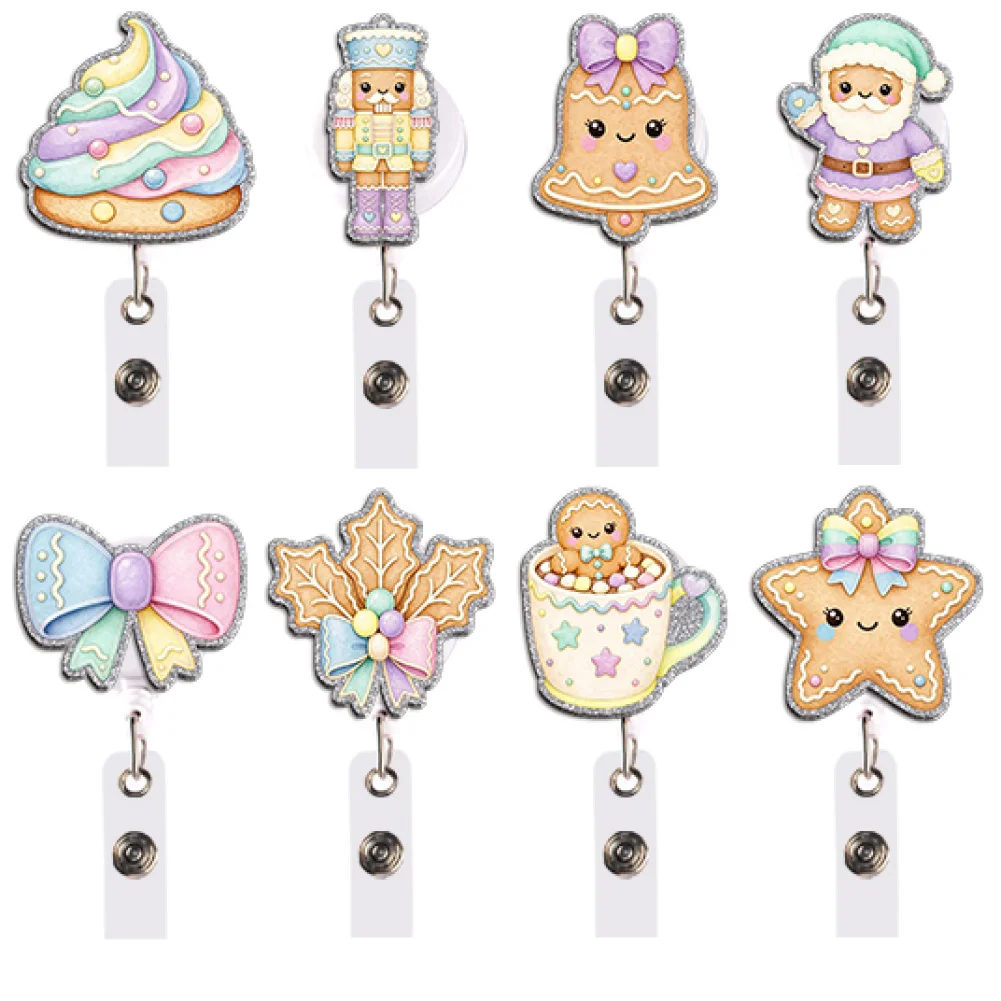Kawaii Christmas Badge Reel Retractable ID Holder Gingerbread Cookie Cake Owl Angel Gift for Student School Office Commute