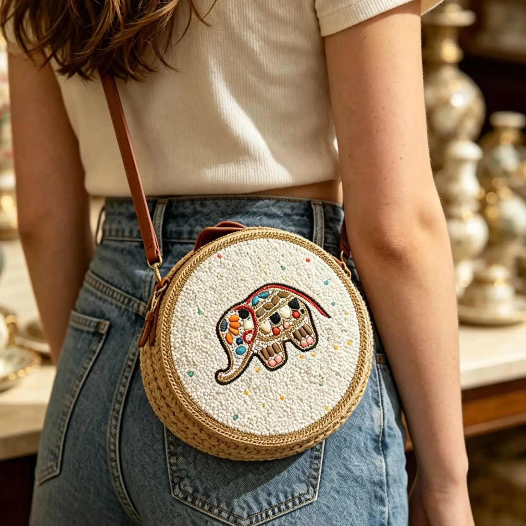 Handwoven elephant pattern straw bag Full white rice beads colorful gemstone round bag Bohemian style brown leather handle