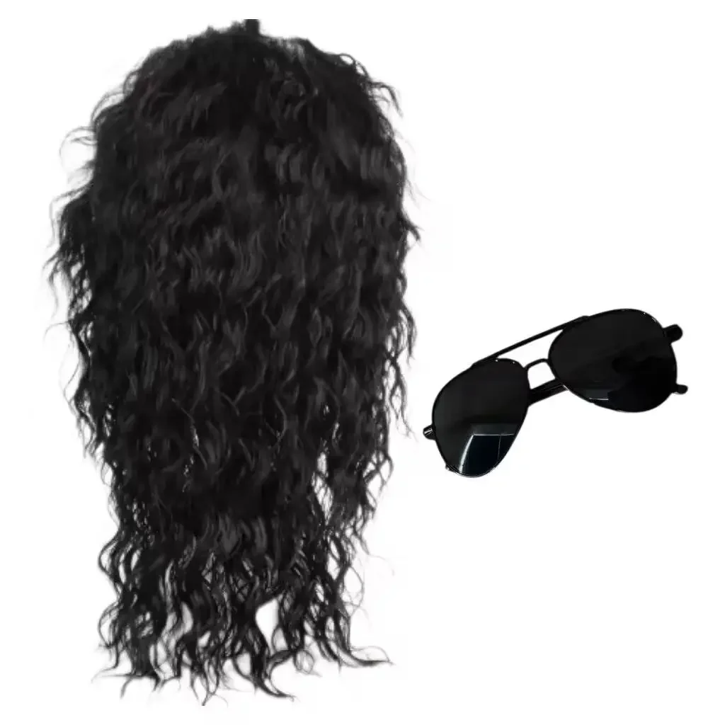 MJ Michael Cosplay Black Wig Jackson Michael Role Play Medium Long Curly Black Hair Pigtail Wig Halloween Role Play Prop Cos