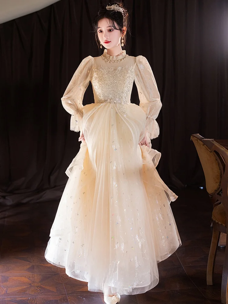 

Ele Champagne Color Vocat Evening Dr Women's Faion ow Ball Gown Long Sve Pearl Embellied Korean Sle