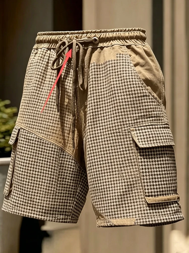 

Men Patchwork Houndstooth Multi Pocket Cargo Shorts Elastic Drawstring Waist Casual Shorts