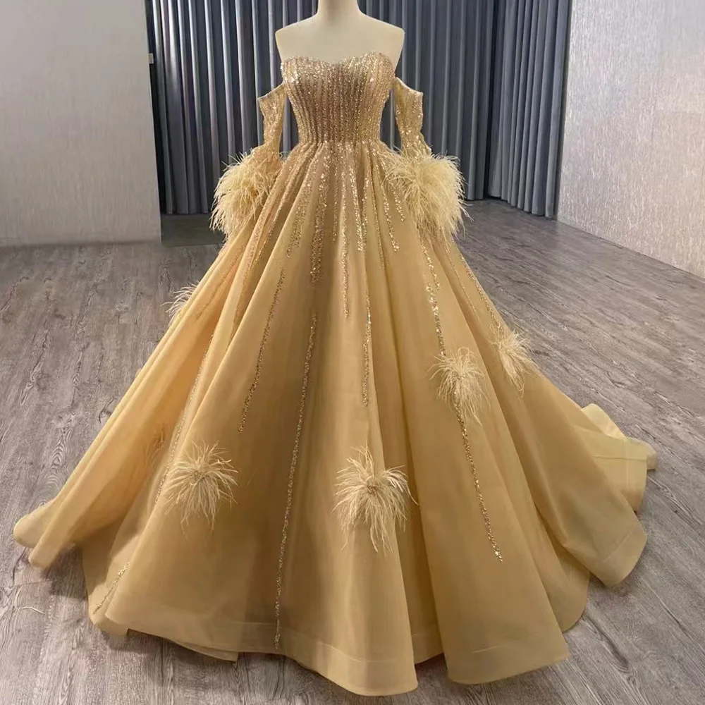 

Желтое вечернее платье в форме сердца со съемными рукавами, на шнуровке сзади, расшитое блестками перьями, настраиваемое 2026