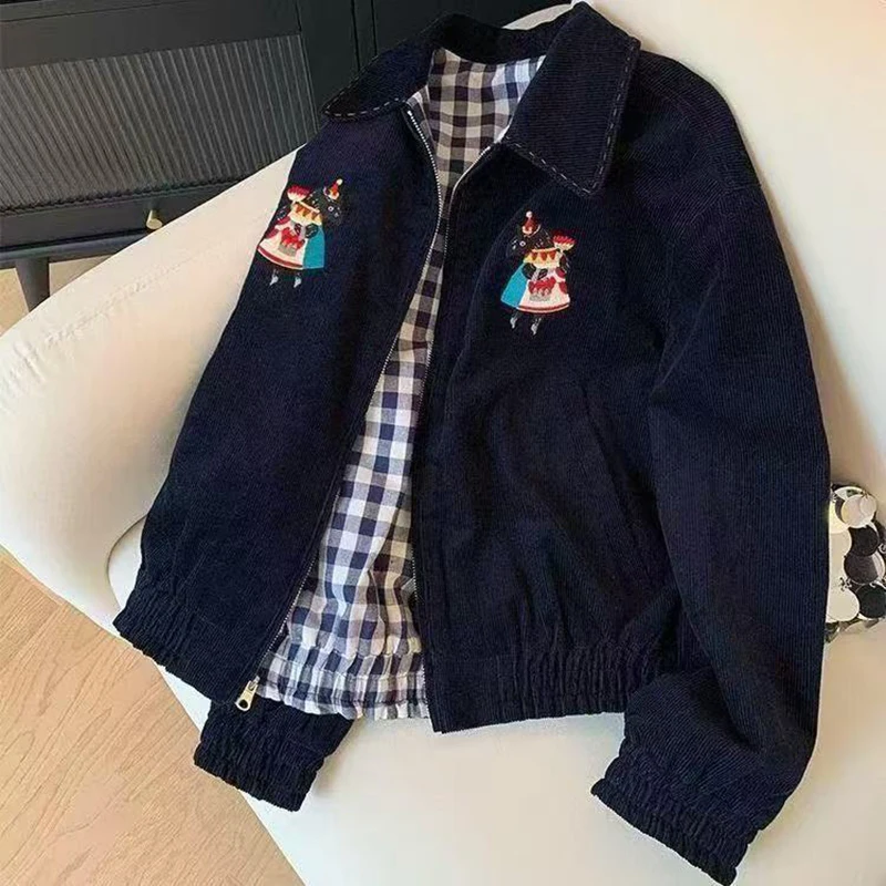 

Vintage Corduroy Jacket Women Harajuku Streetwear Cartoon Embroidery Coat Autumn Korean Plaid Patchwork Zipper Casual Outerwears