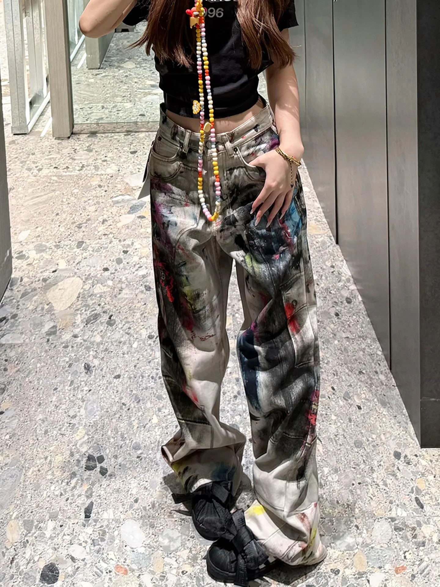 

American Sle Dir fiti Design Wide Leg Jeans Women Summer Loose Fit Floor Length Casual High Waist Trousers