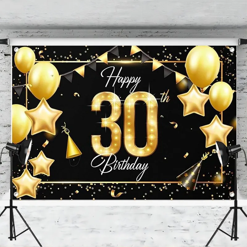 Happy 30th Birthday Backdrop Banner Balloons Stars Black and Gold Glitter Cheers to 30 Years Old Party Decorations for Men Women