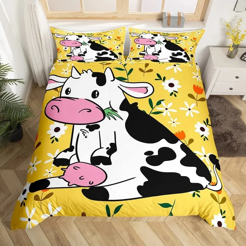 Cute Cartoon Cows Duvet Cover Set Twin King Farm Animal Bedding Set Microfiber Botanical Floral Comforter Cover For Boys Girls