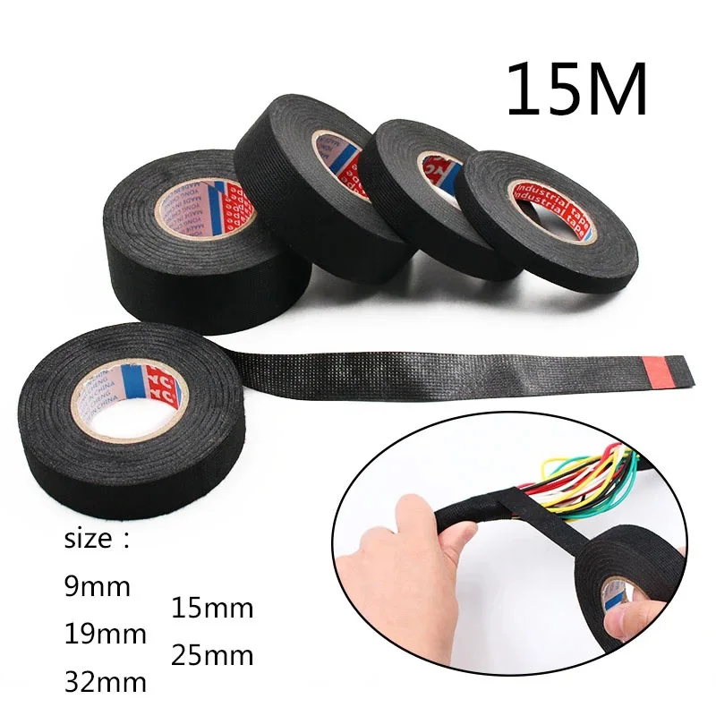 Wire Harness Tape 15m Self-Adhesive Fabric Wrap Protection Insulation Cable Fixed Electrical Tape For Noise Dampening Heat Proof