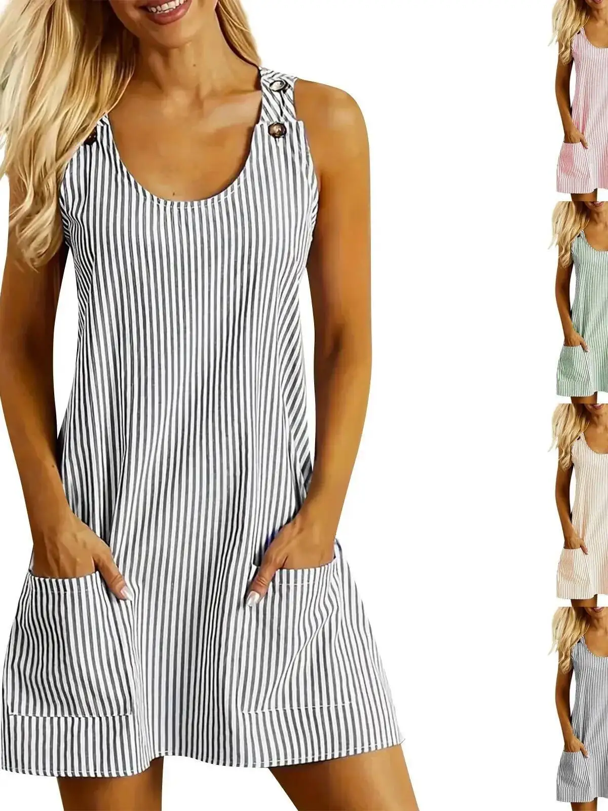 여름 패션 스트라이프 패치워크 출퇴근용 U넥 민소매 포켓 백 버튼 캐주얼 스트레이트 슬리밍 미니 드레스 여성 5JL9