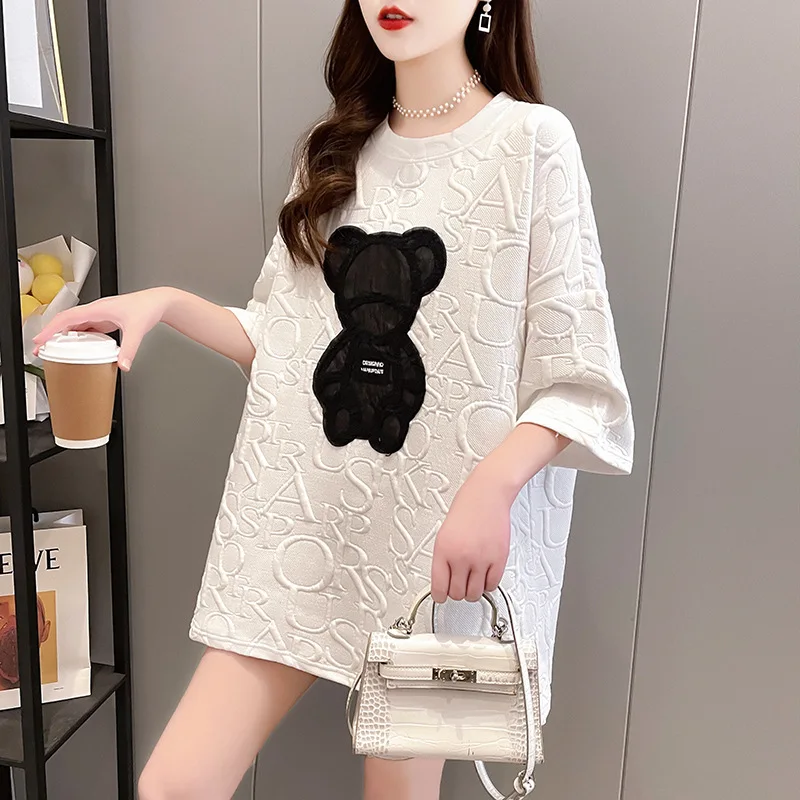 Summer Women Short Sleeve Oversized T Shirts Kawaii Cartoon Bear Print Women T-shirt Loose O-Neck Letters Tops for Women