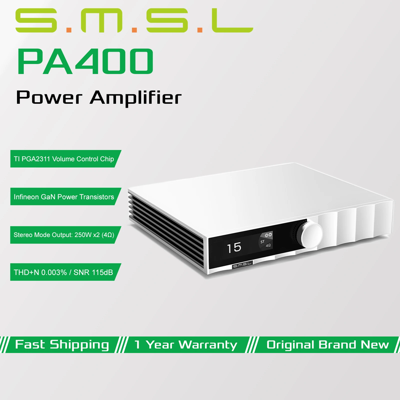SMSL PA400 Gallium Nitride Power Amplifier Infineon GaN Power Transistors TI PGA2311 Volume Control Chip 250W/4Ω Stereo Output