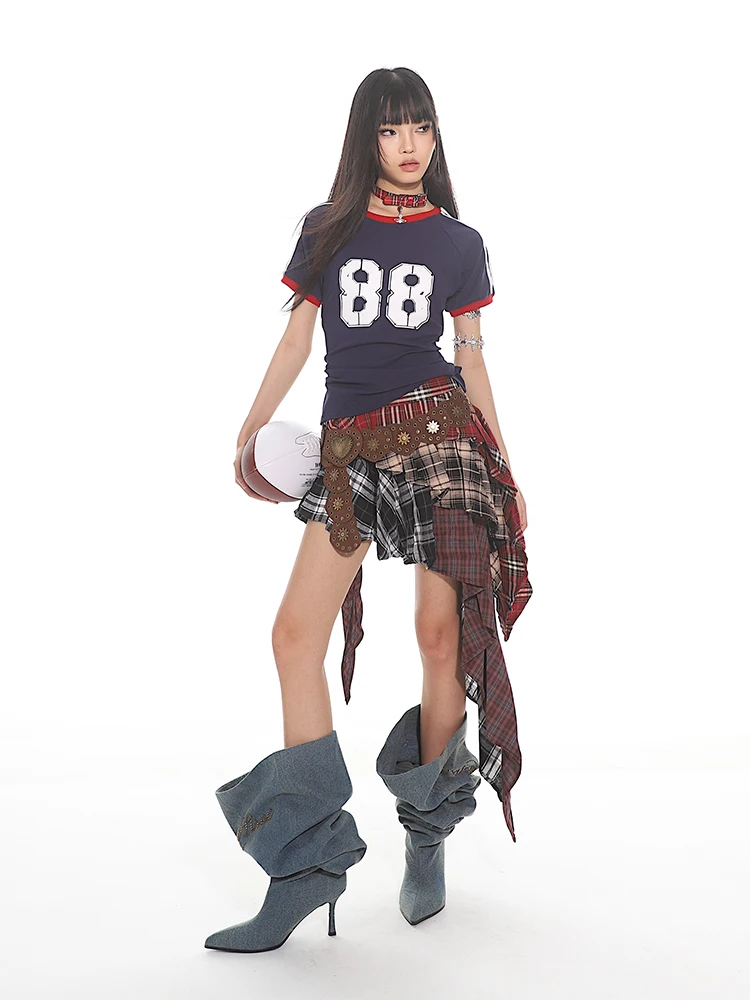 Skirt women's niche American splicing plaid irregular multi-layer design sense fashionable versatile loose short spring  summer