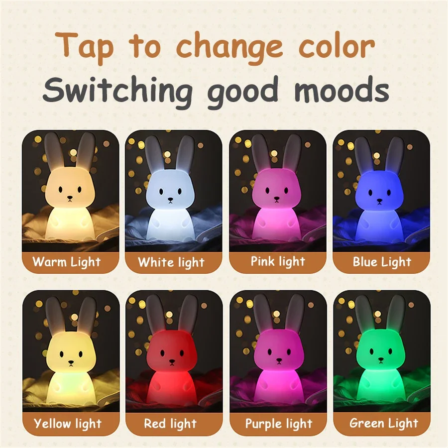 LED Cute Rabbit Night Light Color Changing Rechargeable Toddler Night Lamp Dimmable Nursery Baby Sleeping Light For Room Decor