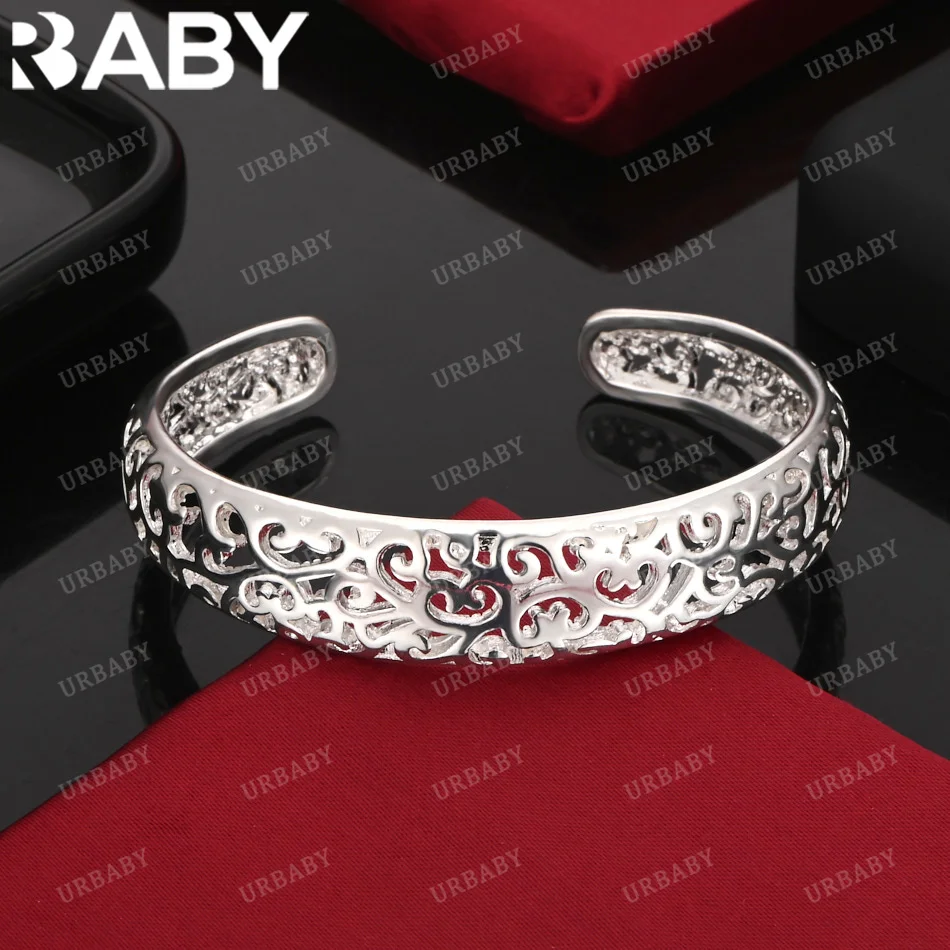 

URBABY 925 Sterling Silver Bangle Retro Hollow Pattern Bracelet For Women Jewelry Fashion Party And Daily Wear