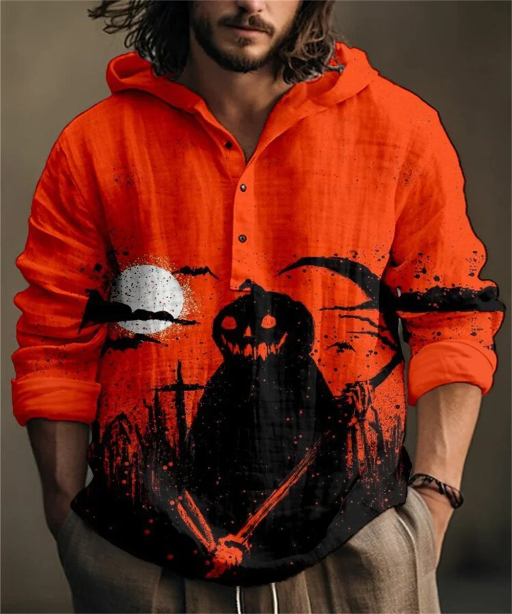 

Halloween Hoodie Bamboo Linen Half Placket 3 Button Printed Hooded Shirt Casual Long Sleeve Shirt Men's Sweatshirt