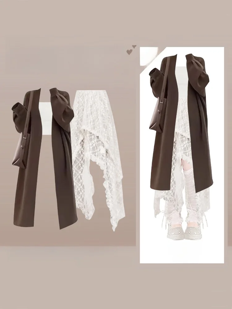 

Early Autumn Unique Beautiful Set Loose Long Sve Lace Crop Top Women's Irregular Skirt Faion Set Mid-Length Cardigan