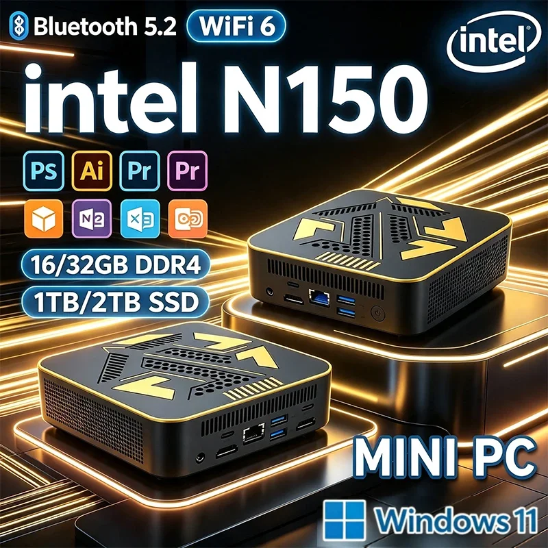 Ultra Fast Intel N150 Mini PC 16GB DDR4 512GB NVMe SSD Triple 4K WiFi6 Silent Cooling Compact Desktop Office Home Media Editing