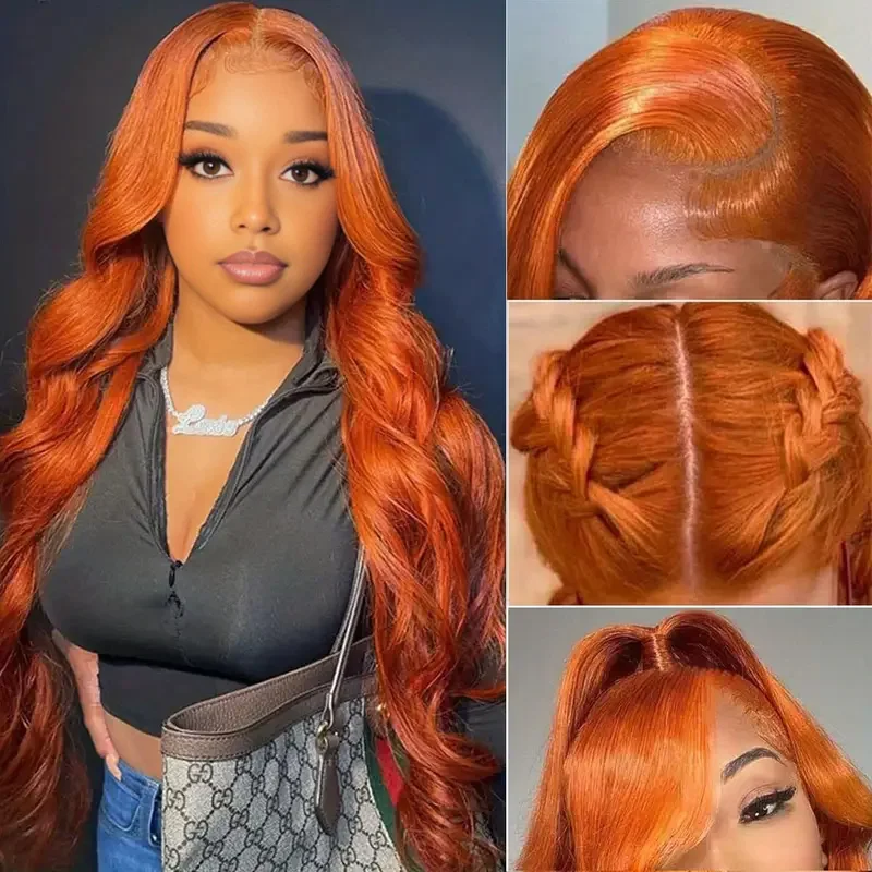 Ginger Lace Front Wigs Human Hair Pre Plucked Orange Human Hair Body Wave Ginger Human Hair 13x4 Lace Front Wigs 180% Density