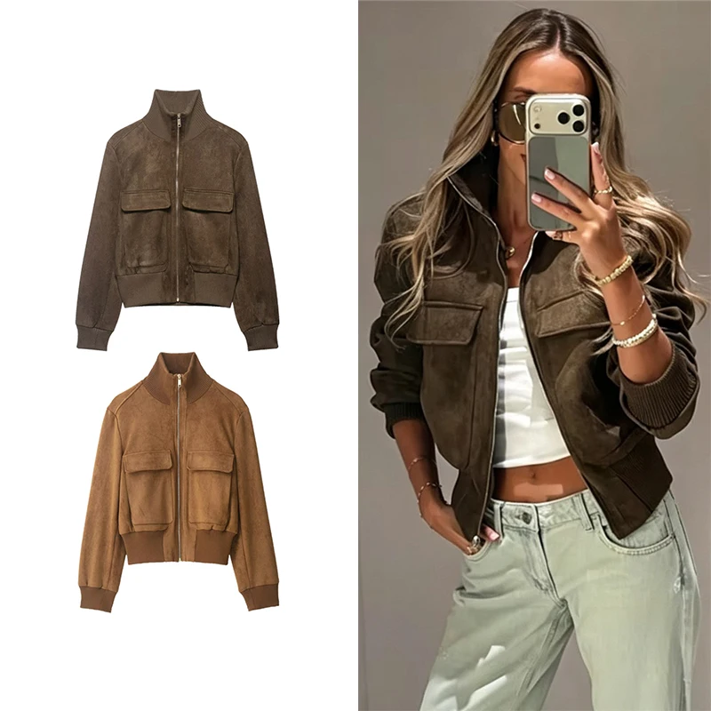 Guobioziy 2026 Fall Women’s Stand Collar Pilot Jacket Vintage Slim Fit with Front Zipper Functional Pockets Ribbed Hem Street