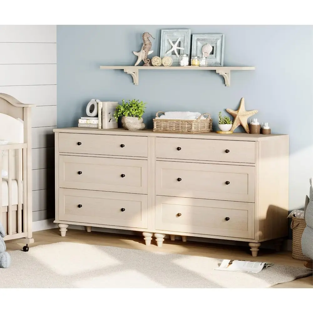 

6-Drawer Wooden Storage Cabinet for Kids, Wide Chest Organizer, Large Bedroom, Nursery, Hallway, Beige, 68