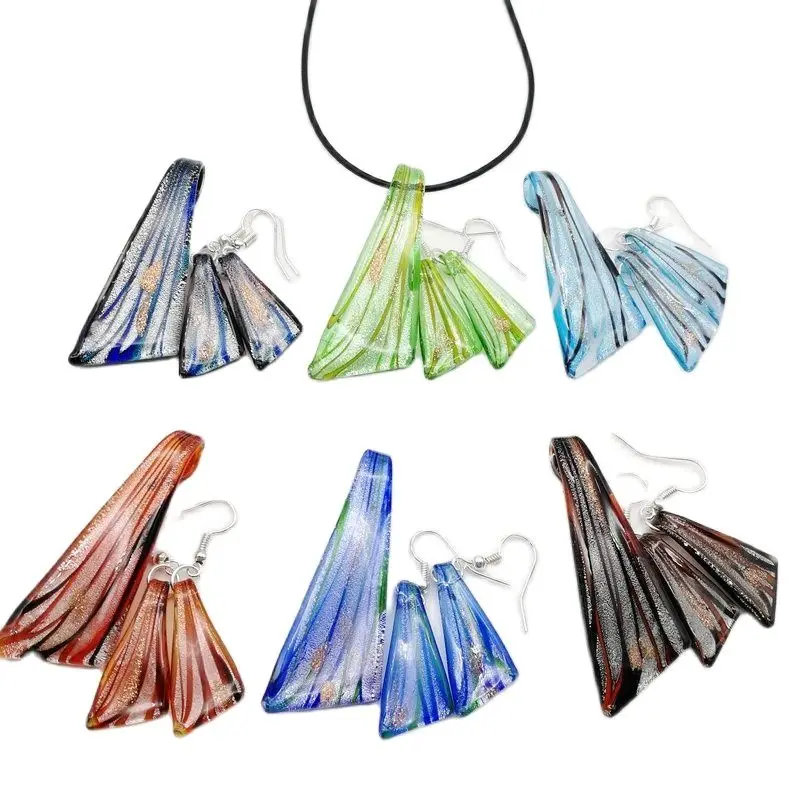 1 Set Fashion Blue Knife Shape Mix Colors Murano Lampwork Glass Pendant Necklace Earring For Women Chinese Style Jewelry Gift