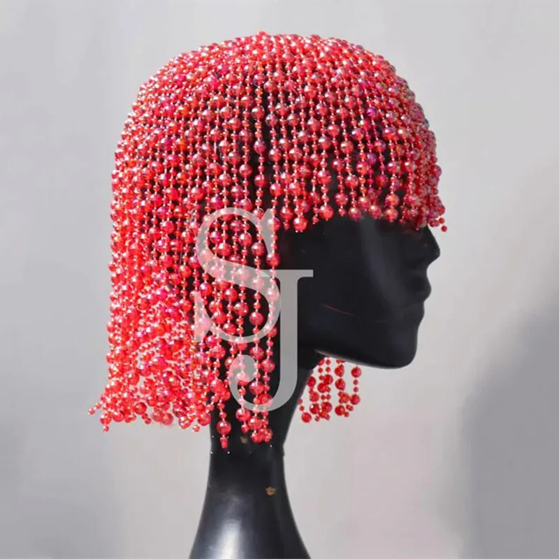 핑크 구슬 가발 헤드 기어 여성 댄서 가수 공연 의상 무대 액세서리 클럽 파티 쇼 축제 레이브 소품